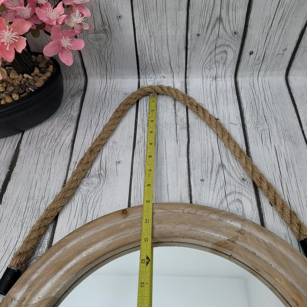 Decorative Rustic Mirror with Solid Wood Frame & Rope Hanging